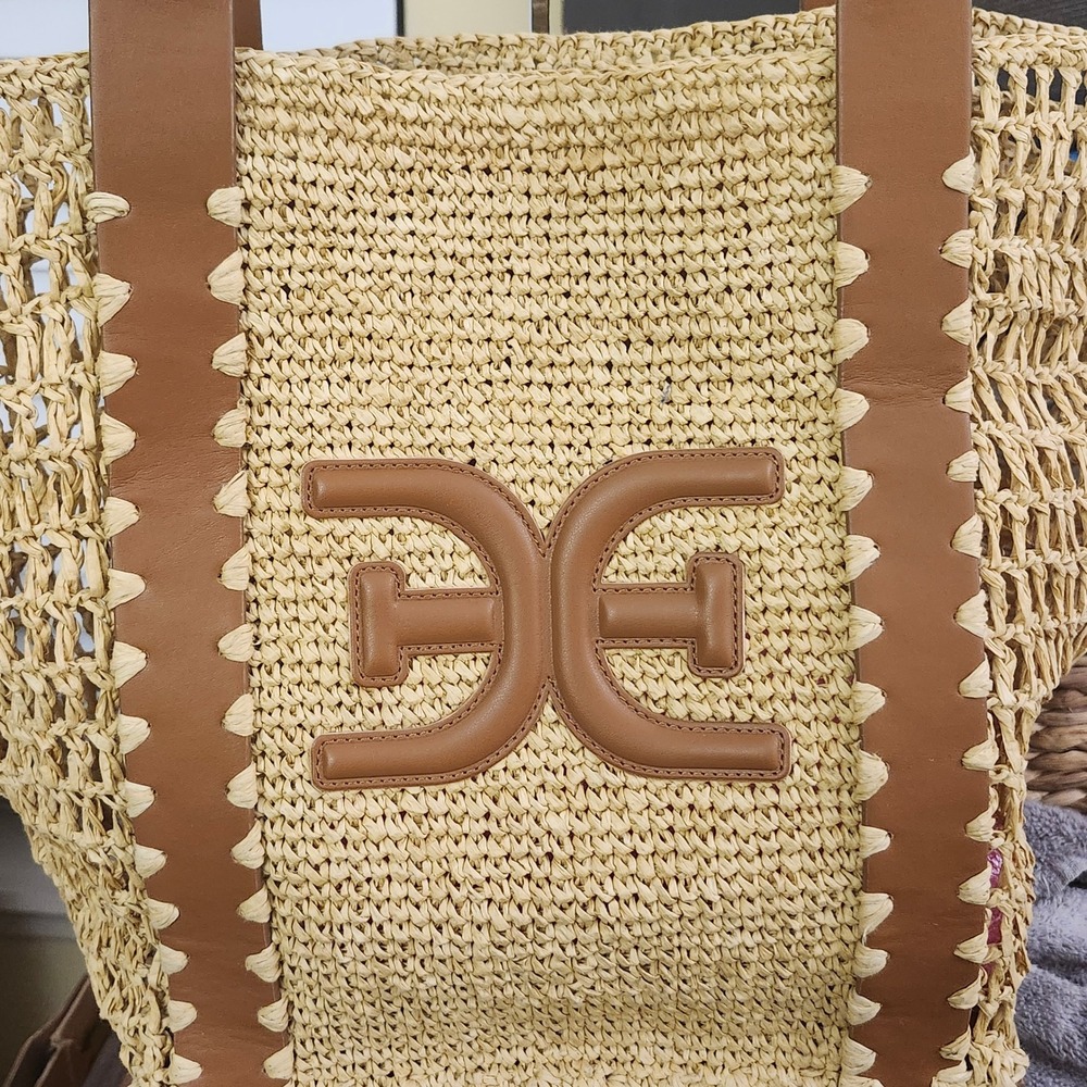 Sam Edelman Marley Woven Raffia Tote Bag Faux Leather Trim Summer Beach - Picture 4 of 12